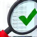 A magnifying glass hovering over detailed health data on a tablet, with a green checkmark indicating quality control.