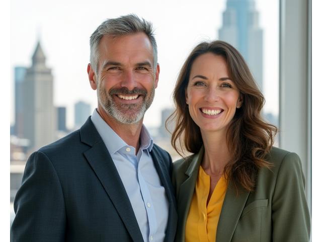Epoch Living founders smiling warmly in front of a modern office building with a blurred Philadelphia cityscape in the background, conveying professionalism and local roots.