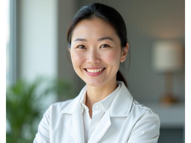 Portrait of Dr. Amanda Chen, a smiling Asian woman with a professional yet warm demeanor, wearing a white lab coat.