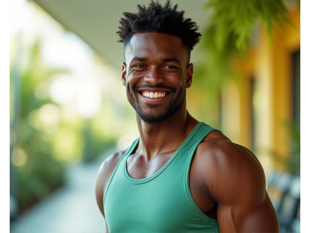 Portrait of Marcus Johnson, a fit African American man in athletic wear, smiling confidently.