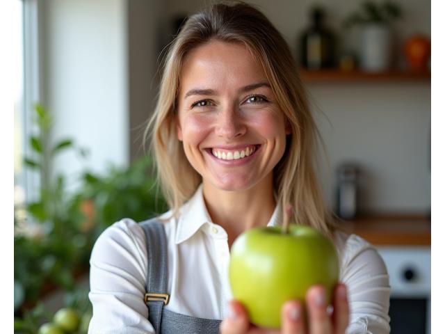 Portrait of Sarah Williams, a friendly Caucasian woman with glasses, holding a fresh green apple.