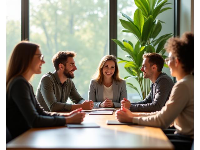 A diverse team of professionals collaborating around a table, engaged in a vibrant discussion, illuminated by natural light, symbolizing teamwork and shared values.