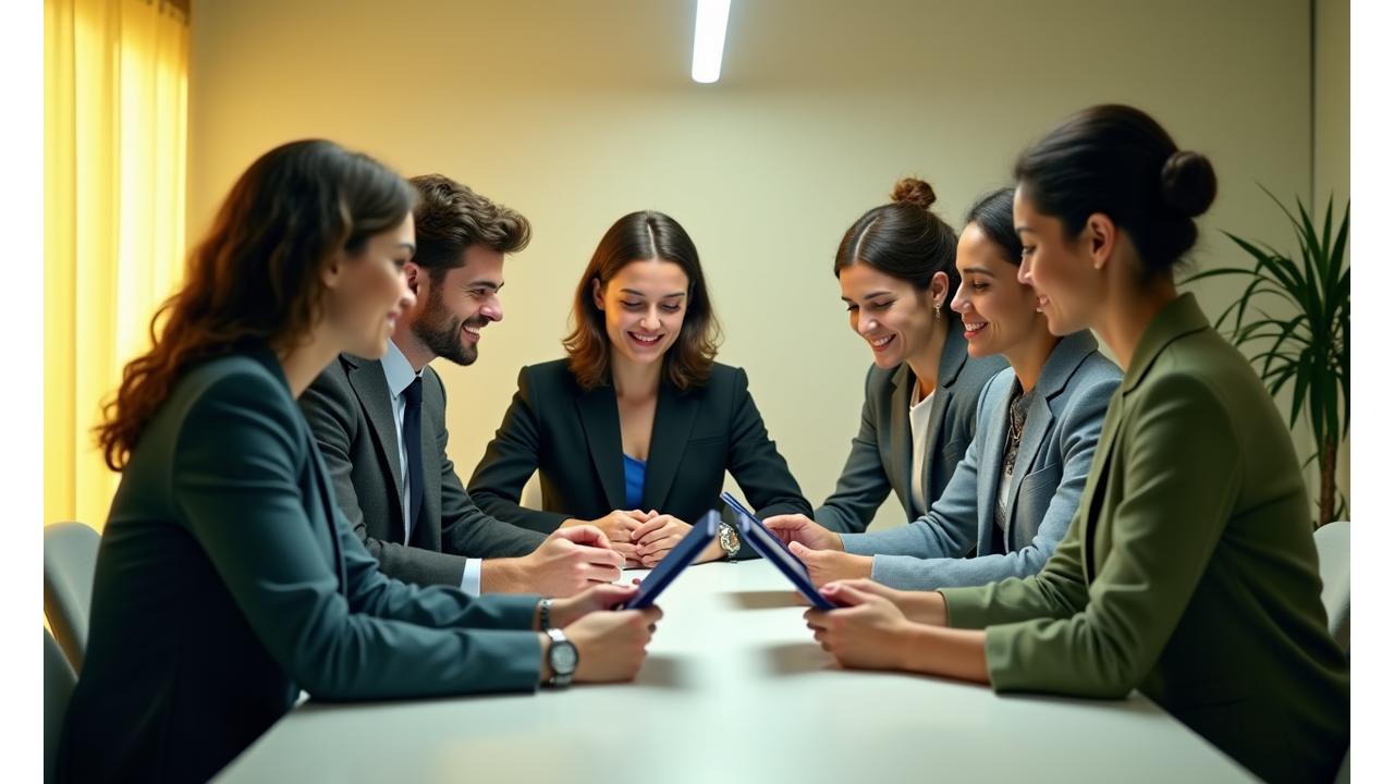 Diverse professionals collaborating around a table with digital devices, representing partnerships and innovation.