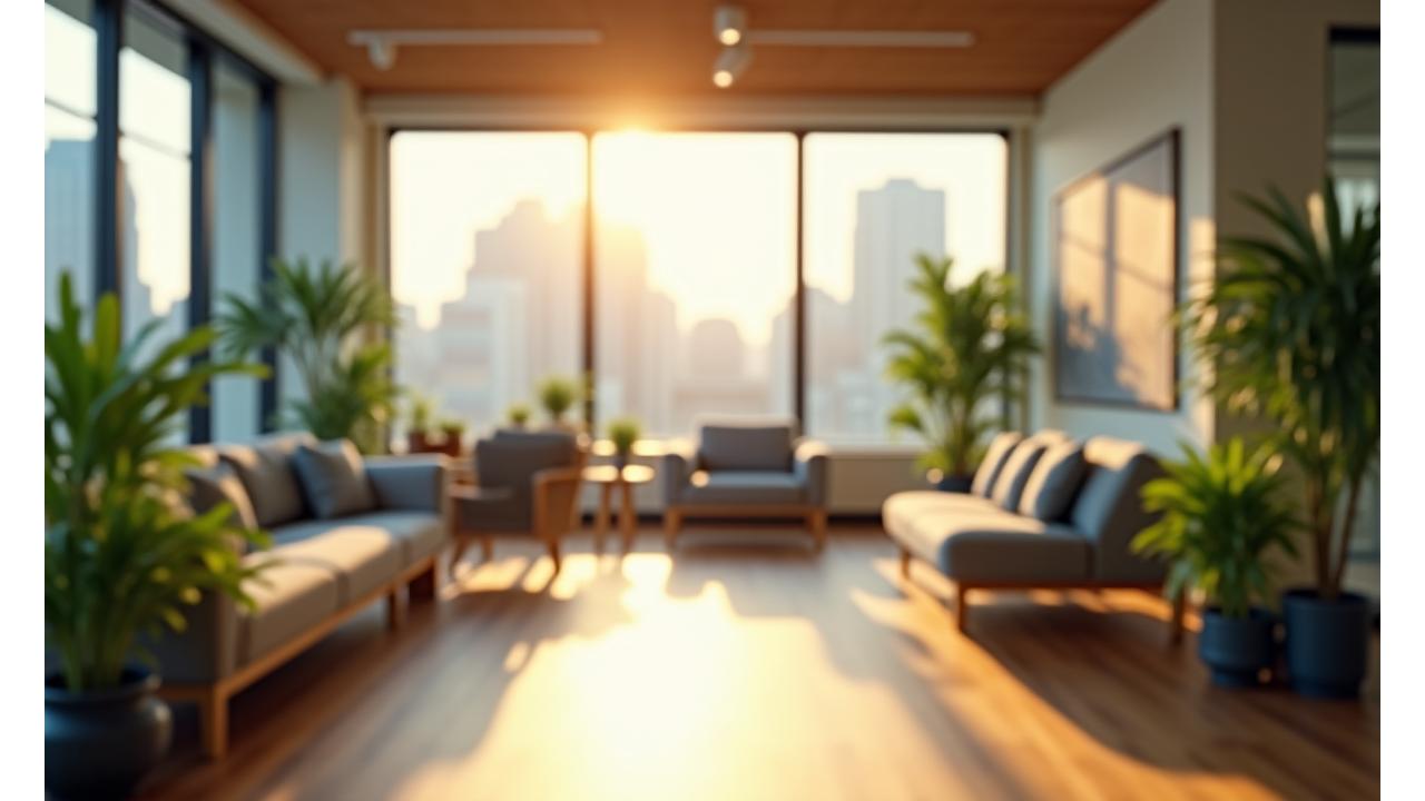 Modern, inviting office interior of Epoch Living in Philadelphia, featuring natural light and comfortable seating.