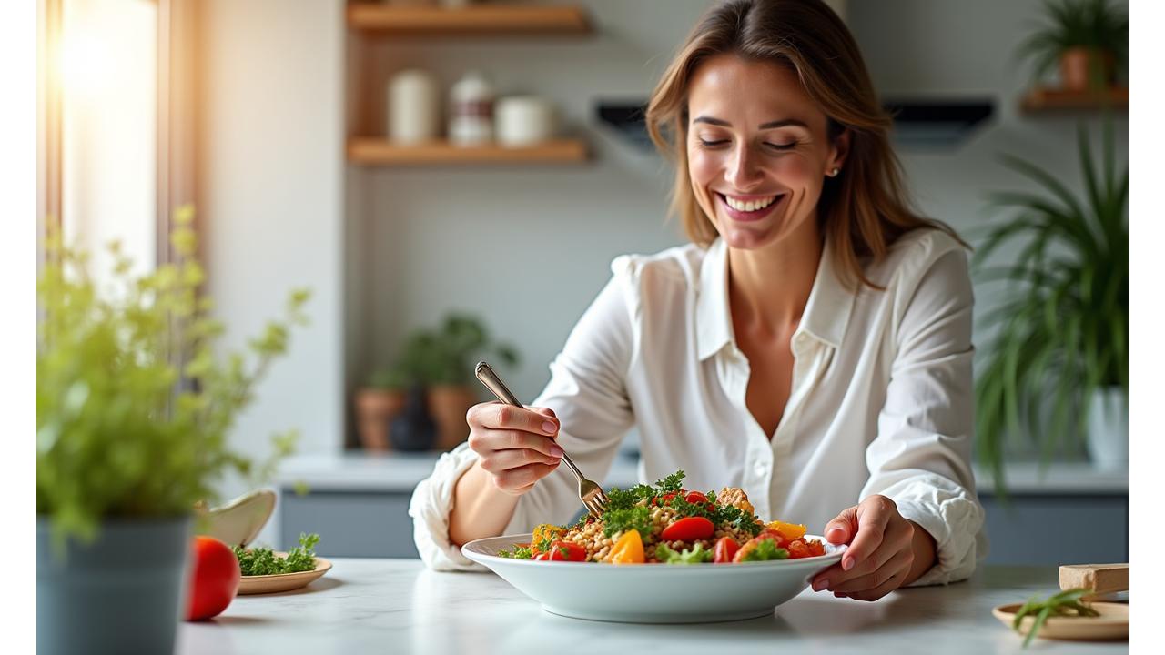 Woman enjoying a vibrant, healthy meal with fresh vegetables and lean protein, illustrating mindful nutrition.