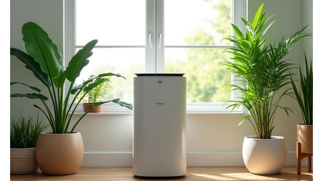 A sleek air purifier seamlessly integrated into a bright, contemporary living space with vibrant green potted plants, soft natural light, and minimalist decor.