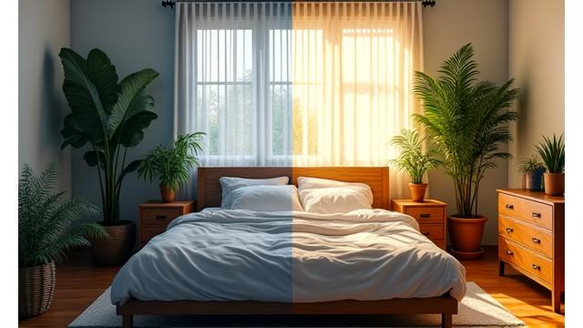 Before/after split image showing a cluttered, dimly lit bedroom on one side, and a serene, organized, brightly lit bedroom with fresh air plants and smart lighting on the other, illustrating a home wellness transformation.