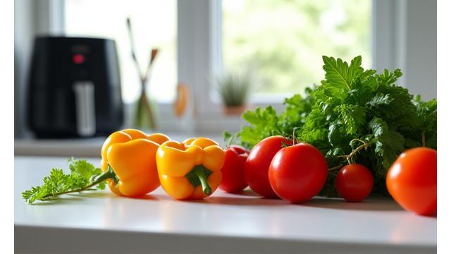 A modern, minimalist kitchen countertop featuring fresh, colorful produce, high-quality cooking utensils, and a sleek, smart appliance like an air fryer or blender, suggesting healthy meal preparation.