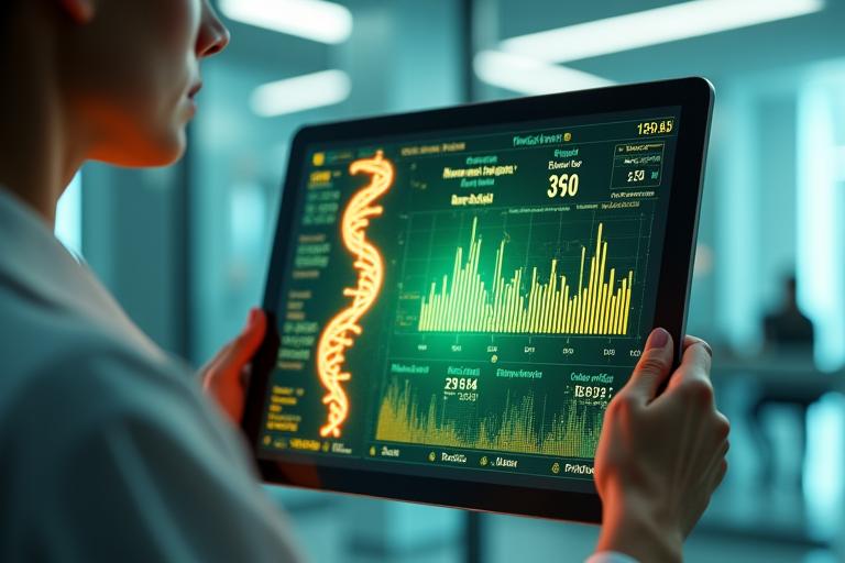 Digital interface showing a biological age calculator with glowing DNA helix and data visualizations