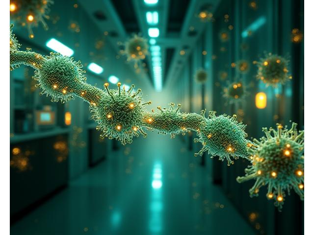 Close up on a complex network of illuminated biological pathways indicating longevity research