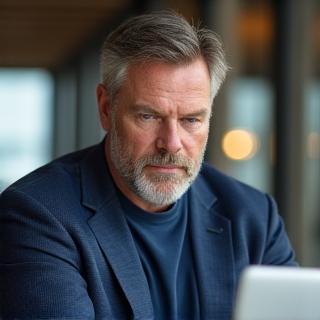 Michael R., a fit man in his late 40s, engaging in a focus-demanding activity, like reading a complex report
