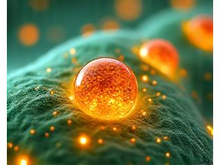 Microscopic view of cellular activity with glowing NAD+ molecules