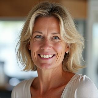 Sarah L., a women in her mid-40s with clear, glowing skin, smiling confidently