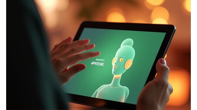 A virtual AI coach avatar gently interacting with a user on a screen, symbolizing digital therapeutic support.