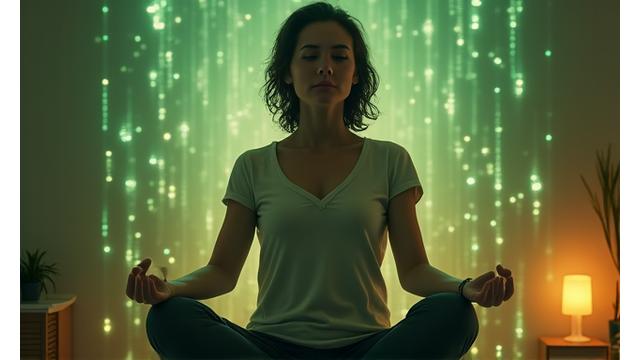 A person meditating in a peaceful, technologically enhanced setting, with subtle AI interface elements projected around them.