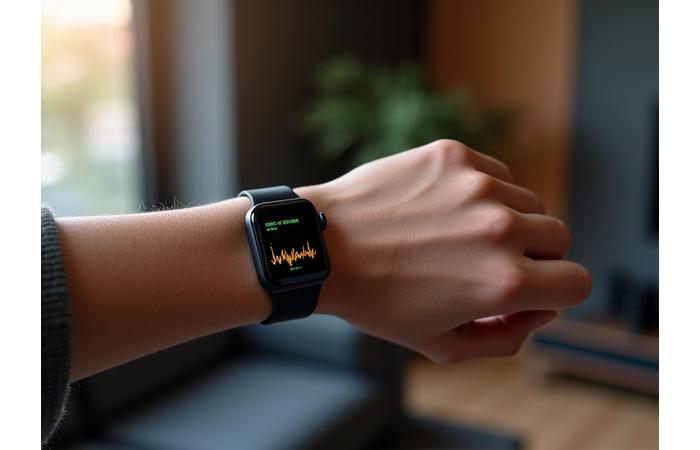 A wrist wearing a sleek, modern wearable device displaying heart rate variability data on a screen, suggesting stress monitoring.