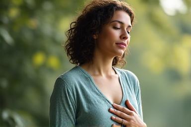 A serene face with eyes closed, gently placing a hand over the heart, surrounded by soft, muted colors. Suggests introspection and calm awareness, not sadness.