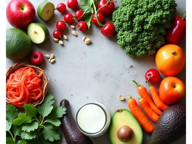 A vibrant and diverse selection of whole, unprocessed foods known for gut health: colorful fruits, leafy greens, fermented foods like kimchi and kefir, and healthy fats. Arranged aesthetically on a rustic wooden table with natural light.