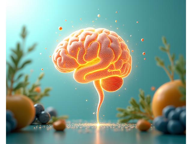 Artistic representation of the gut-brain axis, showing intricate neural pathways connecting a stylized gut and a brain, with elements of nature and healthy food, conveying balance and wellness.