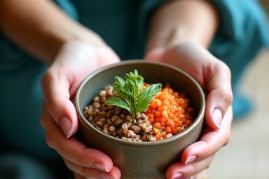 A close-up of a person's hands gently holding a small bowl of colorful, healthy food, with focus and calm. Soft lighting, and a serene background. Focus on texture and the act of deliberate eating.