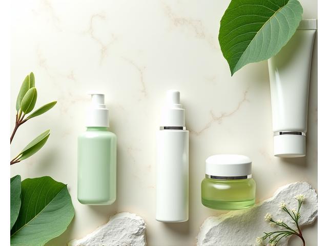 A collection of elegant clean skincare products in a minimalist bathroom