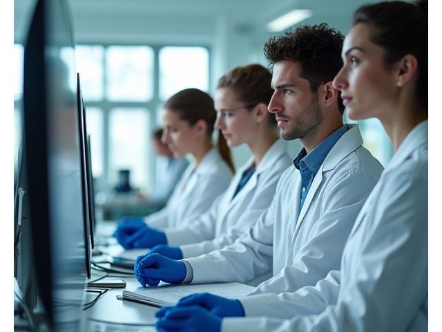 Scientists reviewing research papers and product data in a modern lab setting