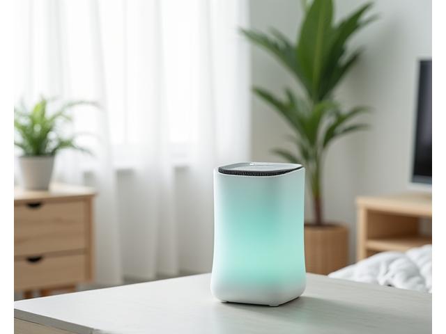 A minimalist smart air purifier glowing gently in a serene living room