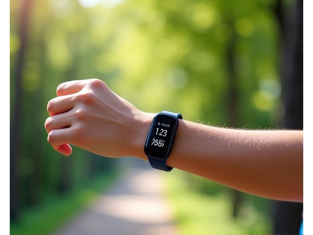 A modern fitness wearable displaying health metrics on a wrist during a gentle jog