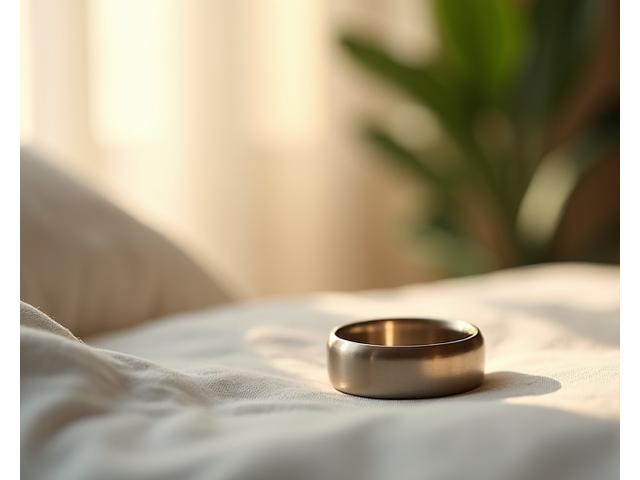 A sleek smart-ring sleep tracker on a bedside table