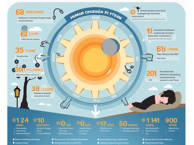 Detailed infographic illustrating the human circadian rhythm with a clock, light, and sleep cycles, showing melatonin production peaks.