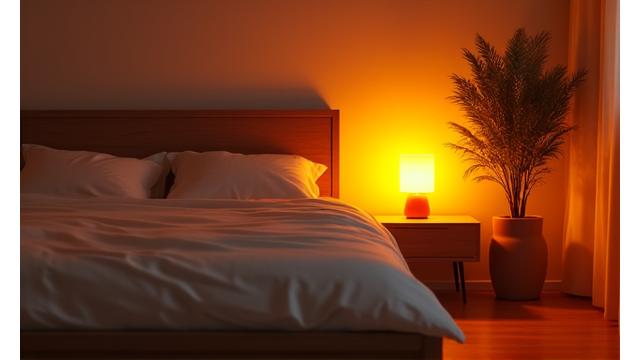 A bedroom bathed in warm, gradually dimming smart lighting, creating a relaxing ambiance.