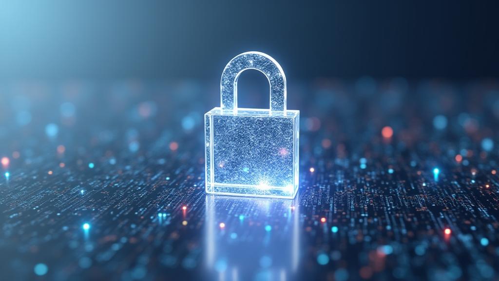 A visual representation of digital copyright and ownership, with a lock icon overlaid on abstract data patterns. The image conveys protection and digital rights in a sophisticated manner.