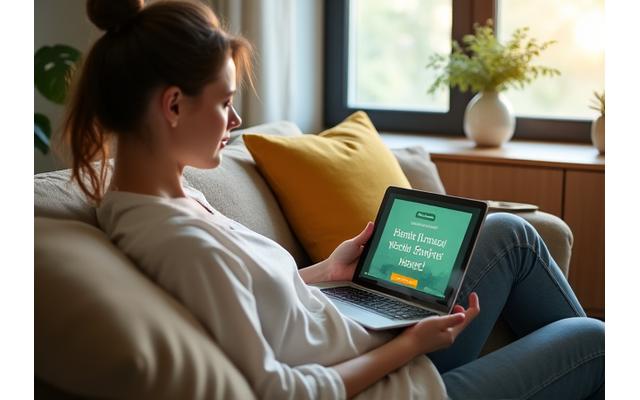 Woman comfortably watching a wellness course on a tablet at home, symbolizing flexible learning.